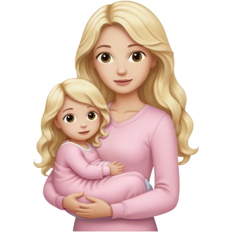 Blonde longe wavy hair lady with light pink clothes holds her baby girl and a girl daughter  emoji