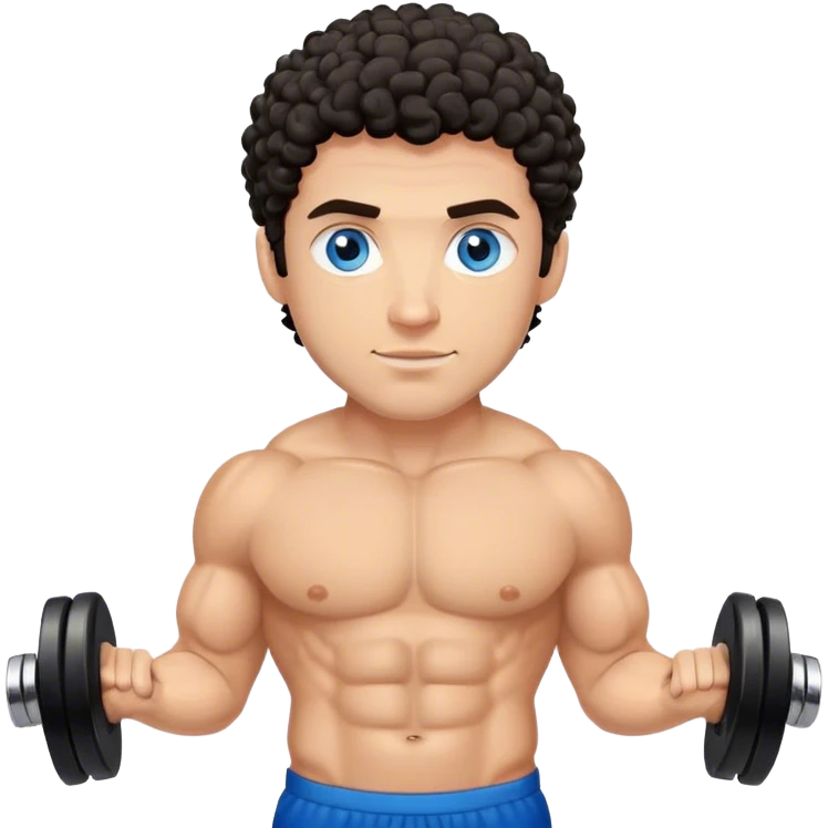 caucasian black haired curly gym guy with dumbells blue eyes emoji