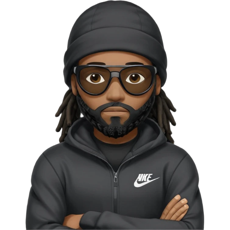 African American man with shoulder length black dreadlocks with black beard wearing black sunglasses wearing a black ski mask covering face wearing a Nike hoodie with his arms folded across chest emoji