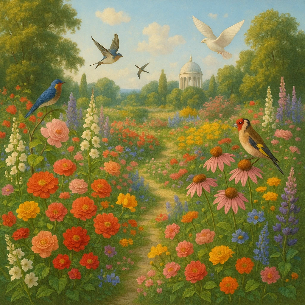 utopian garden with flowers, birds, and no cats in sight emoji