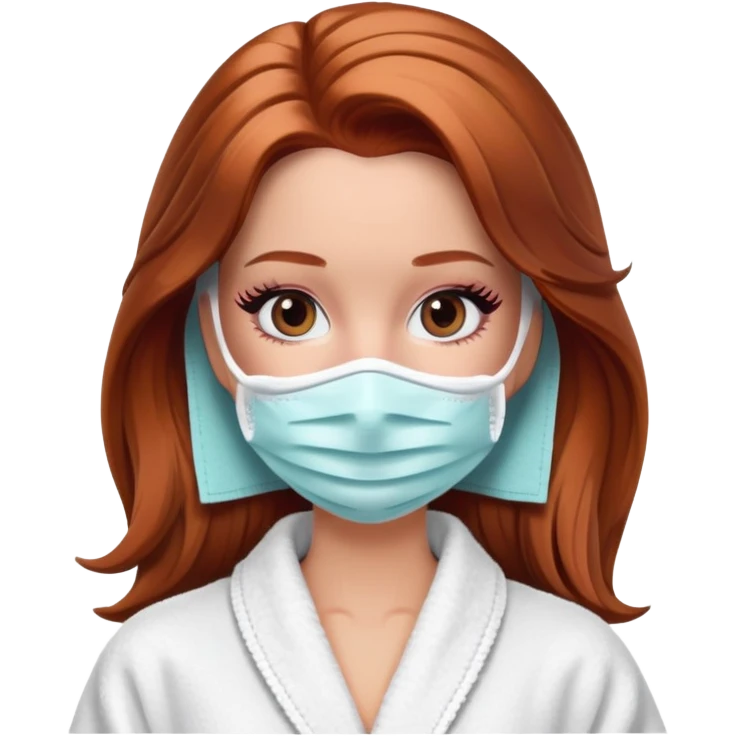A Barbie face with shoulder-length reddish-brown hair, makeup, a smeared face mask, and a bathrobe. emoji