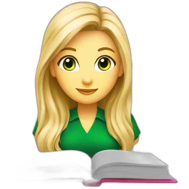 English teacher female with blonde hair and green eyes. with English book with usa flags emoji
