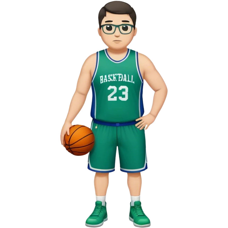 Full Body plus size white male with dark short hair basketball player wearing glasses wearing blue green uniform emoji