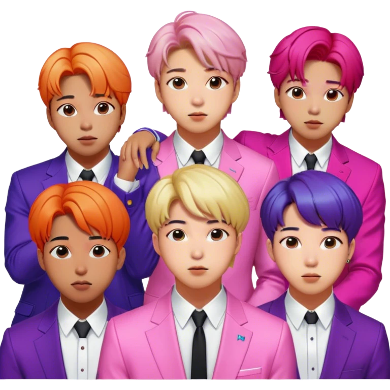 Cinematic Realistic group portrait of BTS featuring all 7 members in stylish modern attire, with detailed facial expressions and vibrant colors, captured in dynamic, contemporary lighting that emphasizes their global pop icon status emoji