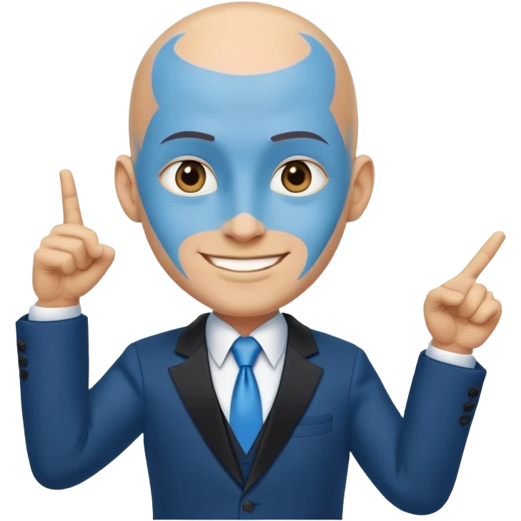Blue-skinned male character with a large bald head, wearing a black and blue suit. Pointing to his temples with a clever, confident smile emoji
