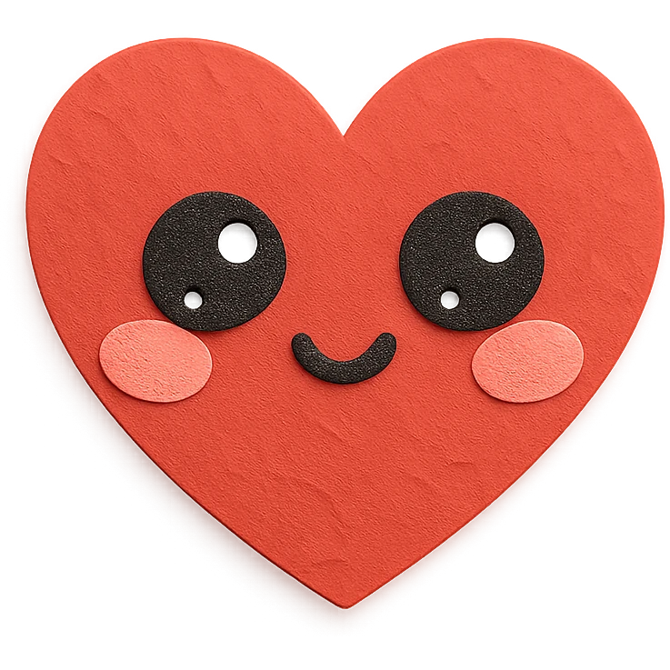 kawaii red heart, blushing, big shiny eyes, soft pastel palette, no arms or legs, full body, paper craft style emoji