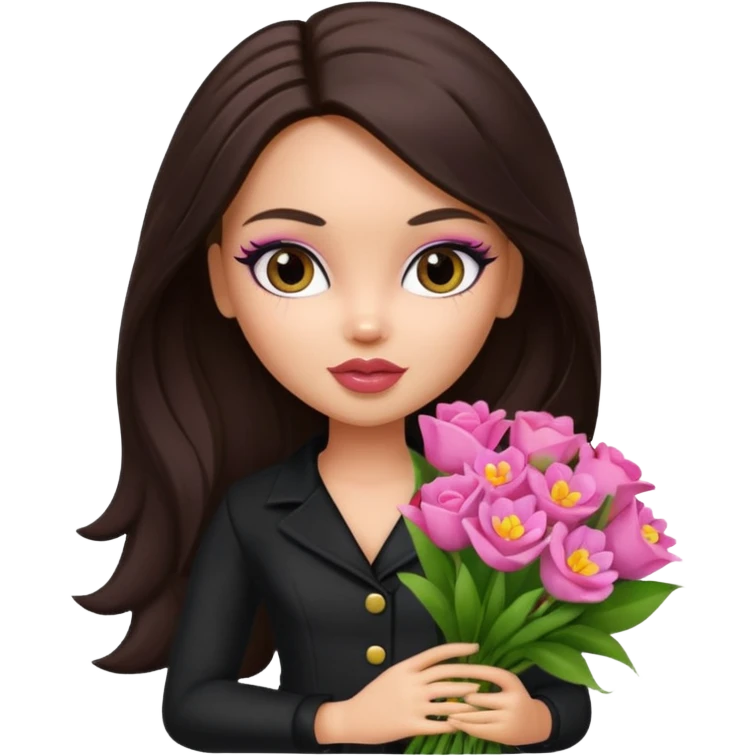 pretty bratz doll with makeup with dark top, long dark brown hair holding big bouquet of flowers  emoji