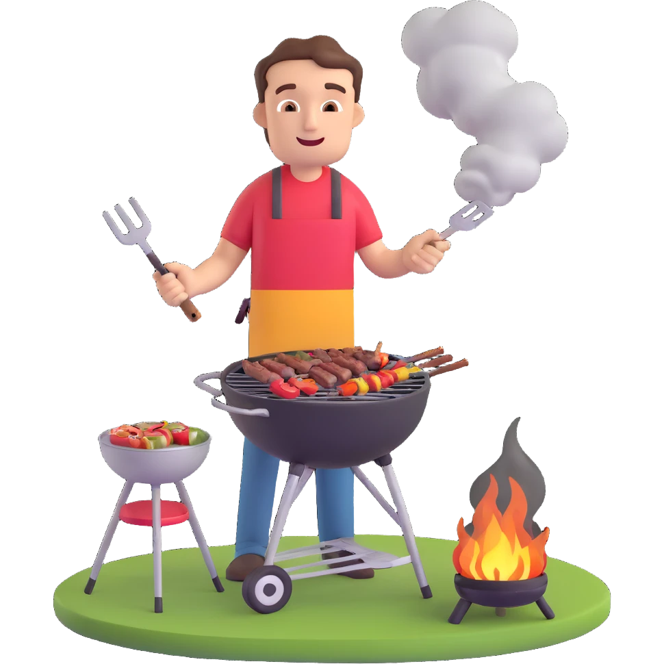 dude grilling barbecue, casual, outdoors, smoke, cheerful emoji