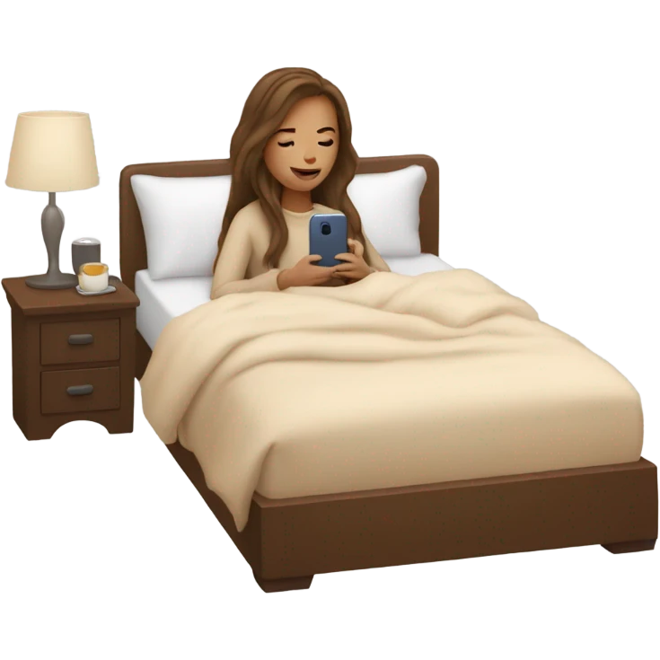 white girl with long brown hair in a bed with beige comforter on her phone emoji