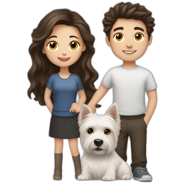Brunette girl and brunette boy with westie emoji