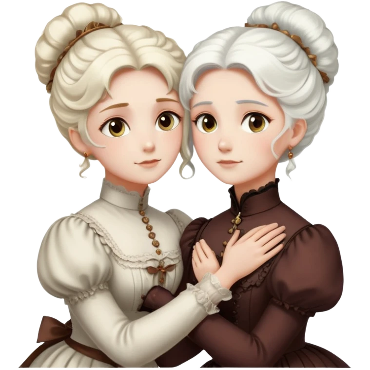 Two Victorian women embracing in a close hug, one with bright white coiffed hair and one with dark copper coiffed hair, both with light eyes, wearing Victorian high-neck dresses emoji