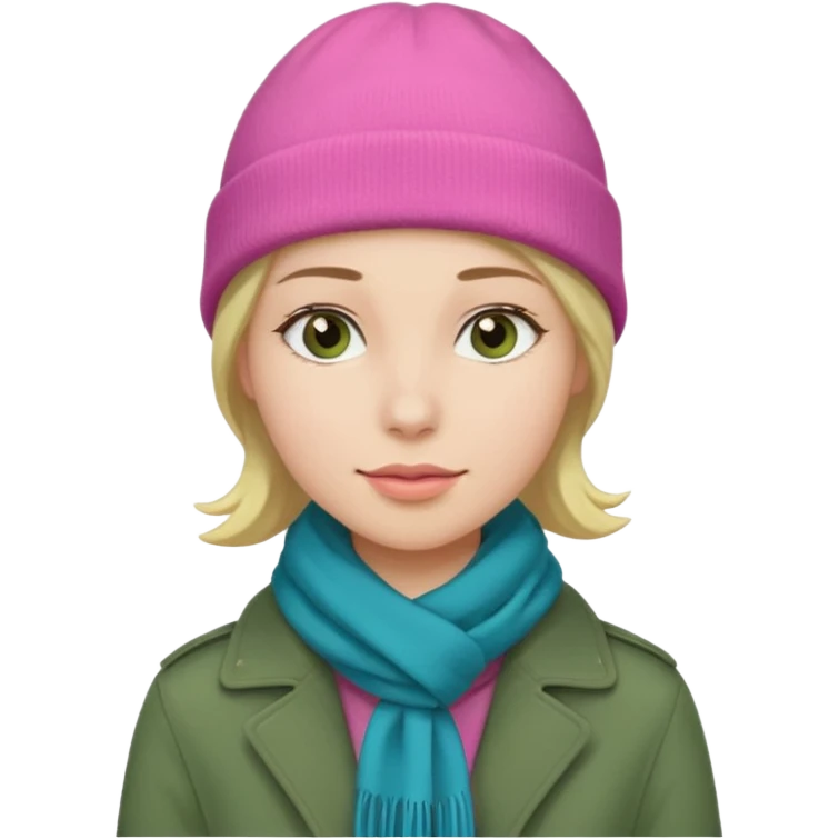una mujer con: pink beanie, green bufanda and long blue jacket emoji