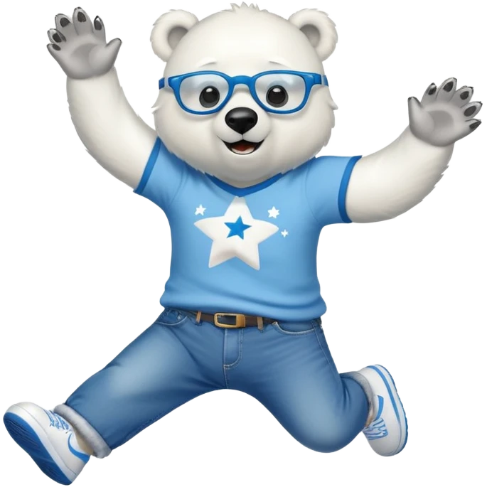 friendly anthropomorphised polar bear jumping and looking excited, wearing a shirt, jeans, trainers, star-shaped glasses emoji