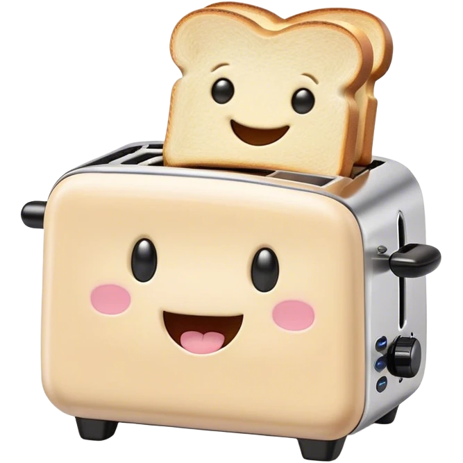 Cute Kawaii Toaster, tiny and square, soft pastel cream with a happy smile, chubby cheeks, two little toast slices popping out, giggling in excitement! emoji