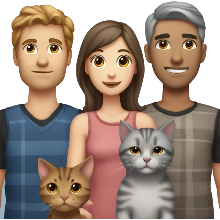 Family girl with brown hair and hezel eyes, a tabby gray kitten, a gray Scottish cat and a man with black short hair with brown eyes emoji