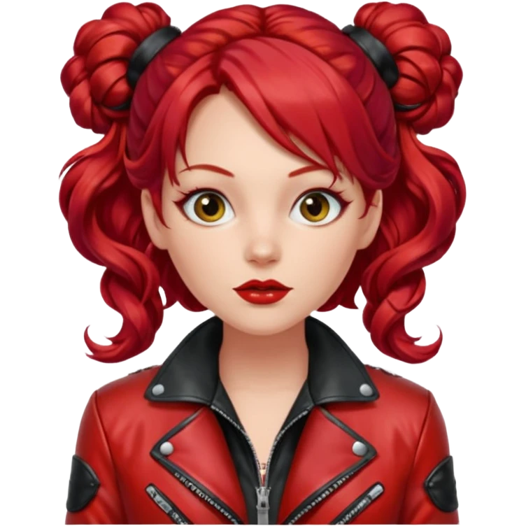 A woman with strikingly long, wavy, vibrant red hair, which is styled with two small buns on top of her head. She is wearing a shiny red leather jacket over a red top with a black patterned trim. She's gagged emoji