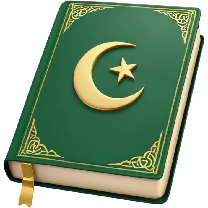 Closed Quran with the Islamic Symbol on it (moon and star) green from left to right emoji