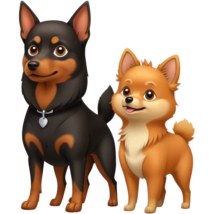 Doberman Pinscher and Pomeranian Spitz standing side by side. The Doberman has a sleek black and tan coat with alert ears, while the Pomeranian has a fluffy orange coat and a joyful expression. Beautiful natural background, with a clear blue sky and green grass. Transparent background. emoji