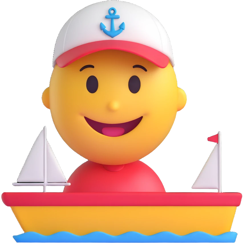 3D smiley emoji, round shape, wearing sailing cap, sporty face emoji