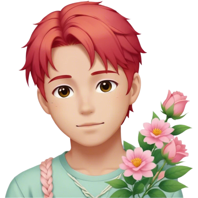 Gorgeous pastel red hair with a thin braid on the side anime style shojo guy with blushing face and flowers aesthetic trending style outside emoji