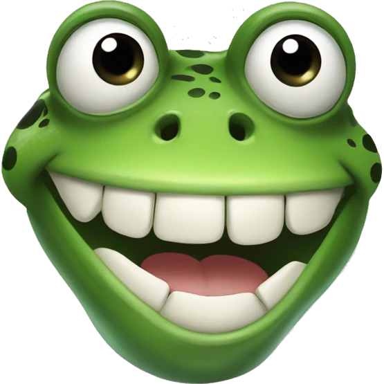 Frog with a wide open smile with teeth and a black hair emoji