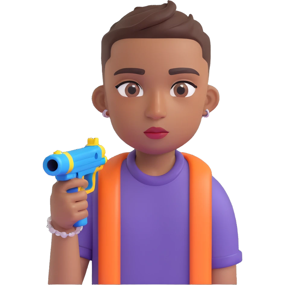brown-skinned boy with a low taper fade haircut, septum piercing, two eyebrow slits on his left eyebrow, holding a watergun, 3D emoji style emoji