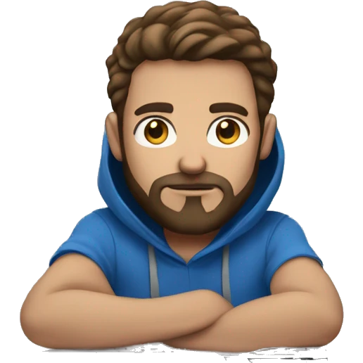 a focused white man, wearing a blue hoodie, with brown hair, black medium beard ,behind a laptop screen emoji