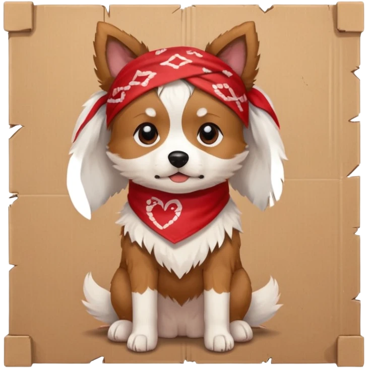 A small scruffy dog wearing a torn bandana, sitting beside a cardboard piece with hopeful gentle eyes.
e Fireplace emoji