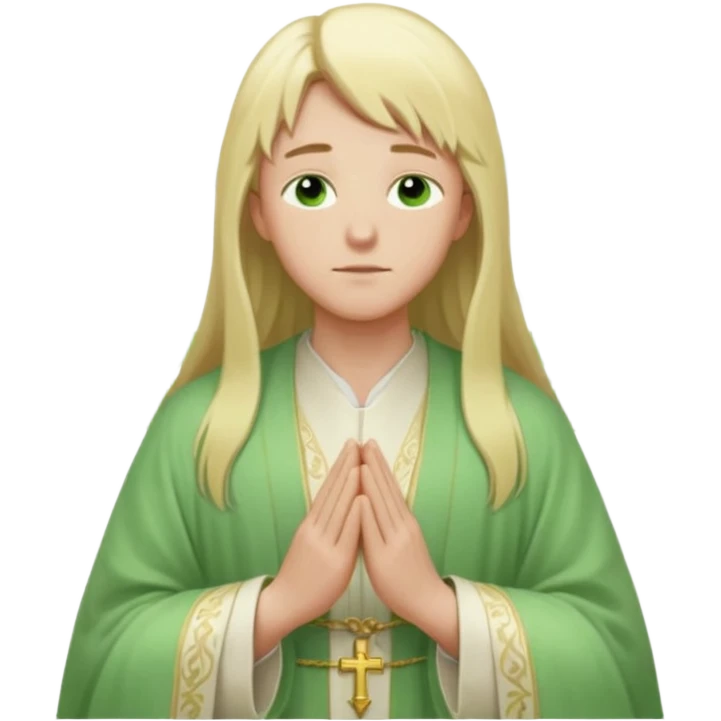 a young bishop, green eyes, long blonde hair, light green wide, flowing outer robe. hands clasped together, eyes closed. Soft light, subtle fern. Waist-up, profile. emoji