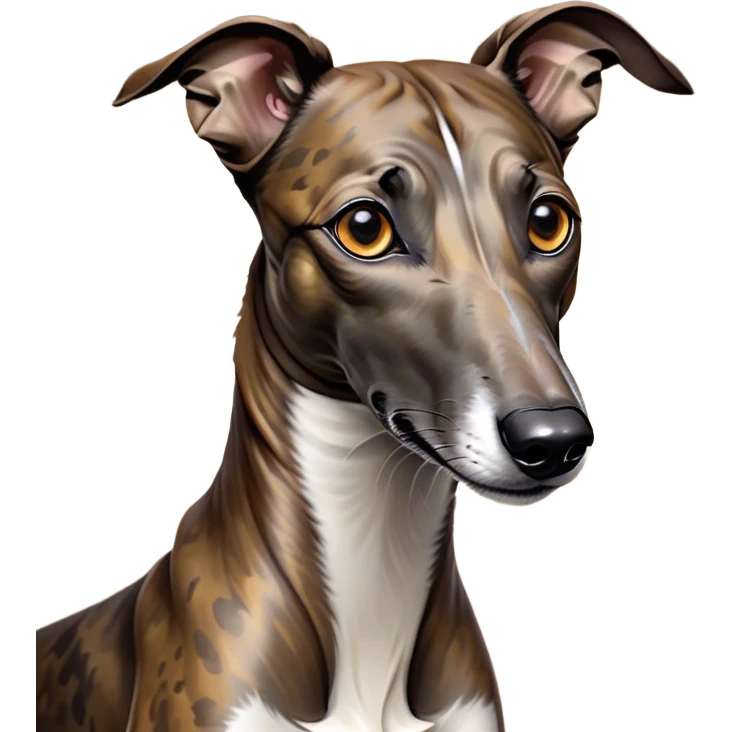 Cinematic Noble Brindle Greyhound Portrait Emoji, Poised and regal, with a slender, aerodynamic build and a refined brindle Fur, deep-set soulful eyes, Simplified yet sharp and sophisticated features, highly detailed, glowing with a soft, dignified glow, high shine, intelligent and agile, stylized with an air of elegance, focused and attentive, soft glowing outline, capturing the essence of a watchful and graceful racer, so majestic it feels as though it could dash out of the screen with effortless authority! emoji