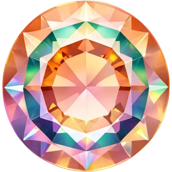 round cut gemstone with delicate peach color, holographic rainbow fire, brilliant facets emoji