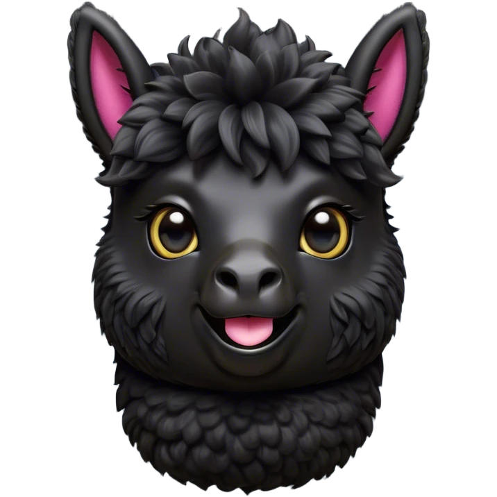 Cinematic Comical Black Alpaca Portrait Emoji, Head tilted dramatically with an exaggeratedly amused expression, featuring a striking jet-black fleece with playful texture, wide, expressive dark eyes filled with playful disbelief, Simplified yet hilariously expressive features, highly detailed, glowing with a slightly sassy glow, high shine, dramatic yet playful, stylized with an air of cheeky mischief, bright and endearing, soft glowing outline, capturing the essence of a spirited and over-the-top alpaca, so meme-worthy it feels like it could side-eye its way into internet fame instantly! emoji