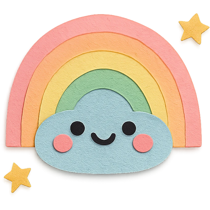 adorable pastel gentle rainbow arc, tiny stars, no arms or legs, full body, kawaii paper craft style emoji