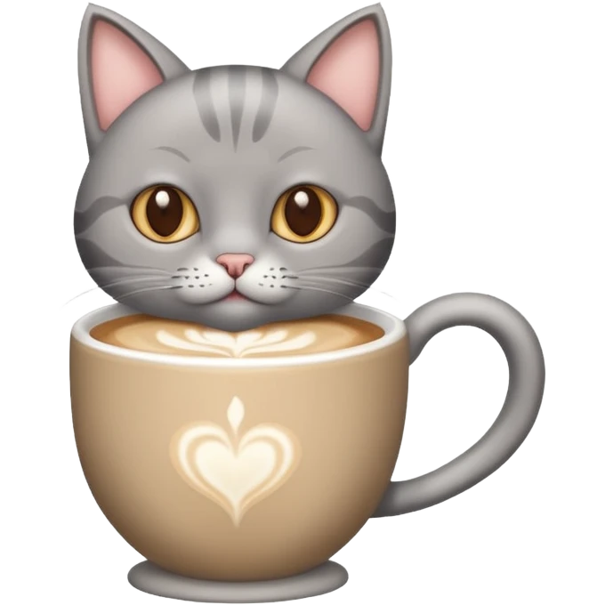 Happy gray Cat holding in its front two paws an hot latte emoji