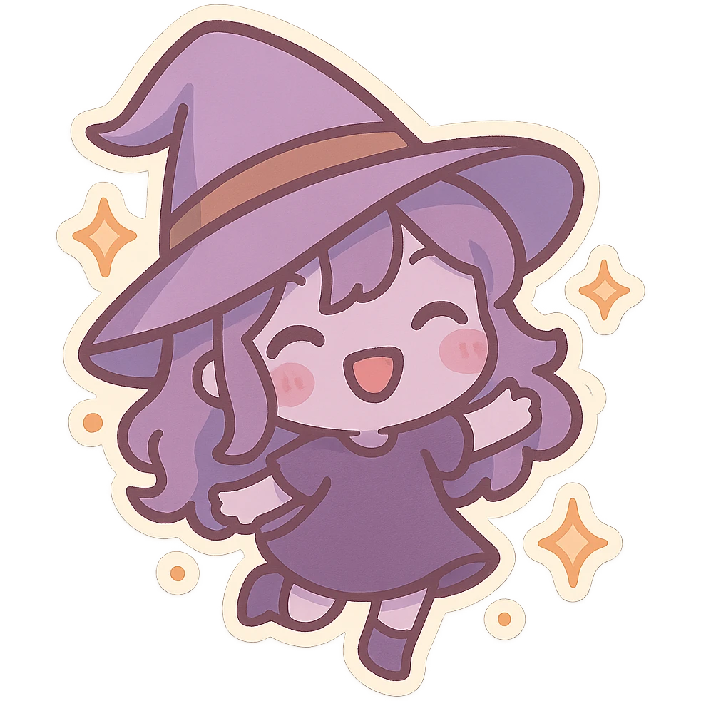 purple chibi sticker, cute witch hat, playful and magical, chibi style emoji