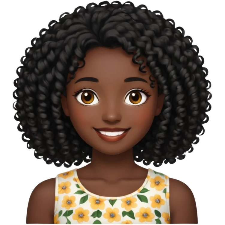 a young woman.She has voluminous, curly black hair that frames her face beautifully. Her skin tone is black light and glowing, and she has a subtle, natural makeup look. She’s smiling softly at the camera. She is wearing a white floral top emoji