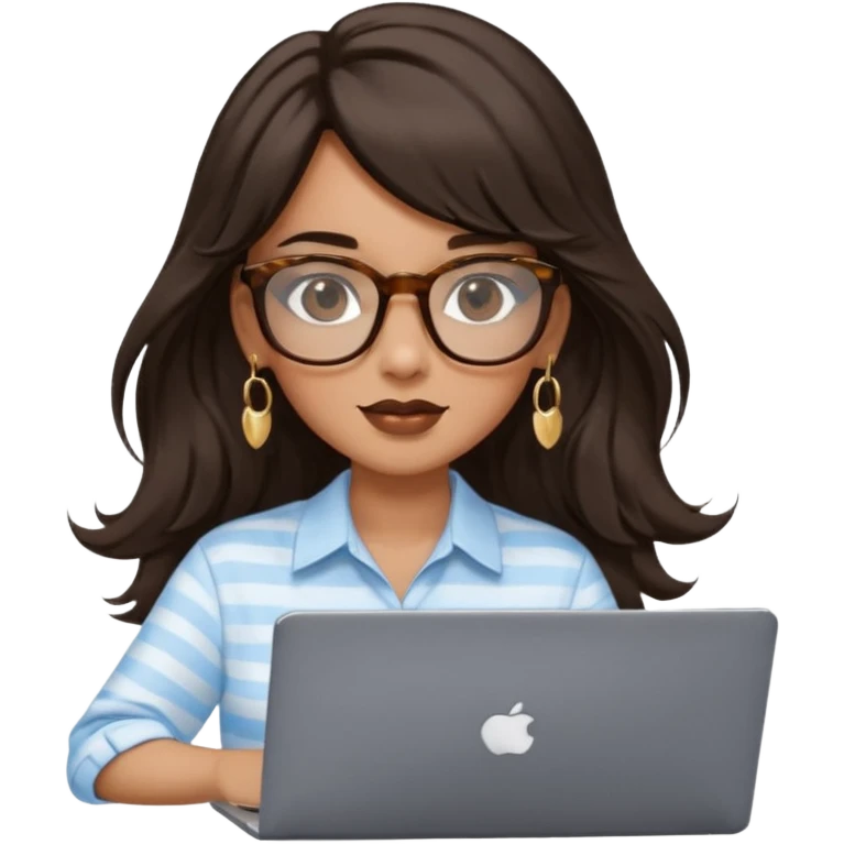 A woman with long wavy dark brown hair and a whispy bang, wearing thick tortoise SQUARE glasses, gold drop earrings. She has long lashes and a nude browny glossy lipstick. She's wearing an oversize light blue shirt with white vertical strips. She's working on a laptop emoji