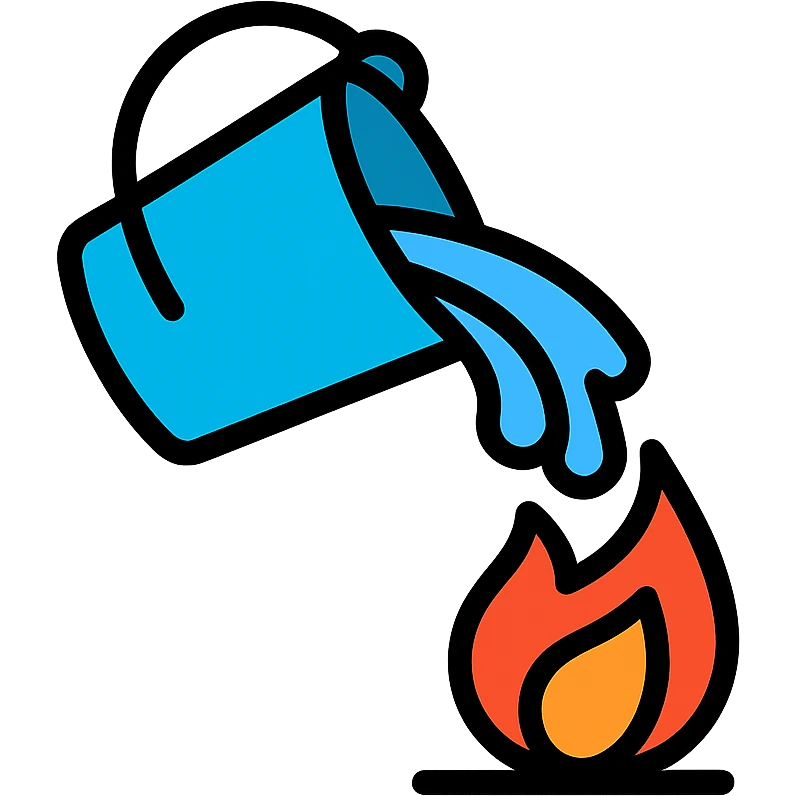 bucket pouring water on a small flame emoji
