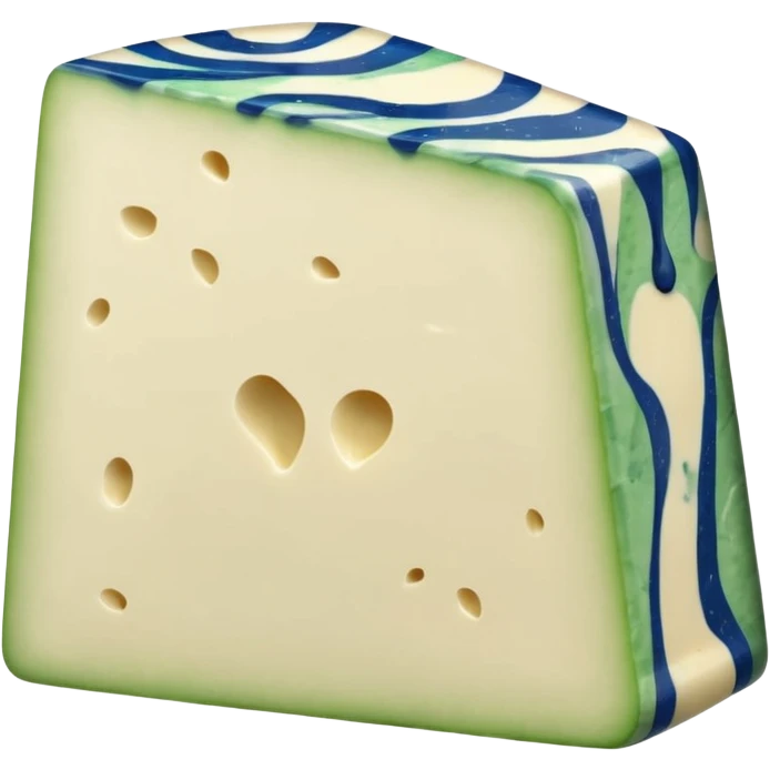 thick moist wedge of gorgonzola cheese, creamy off-white inside with bold blue-green veins, slightly oozing edges, natural beige rind, soft texture, irregular marbling, apple emoji style, soft lighting, subtle shadows, transparent background, emoji scale emoji