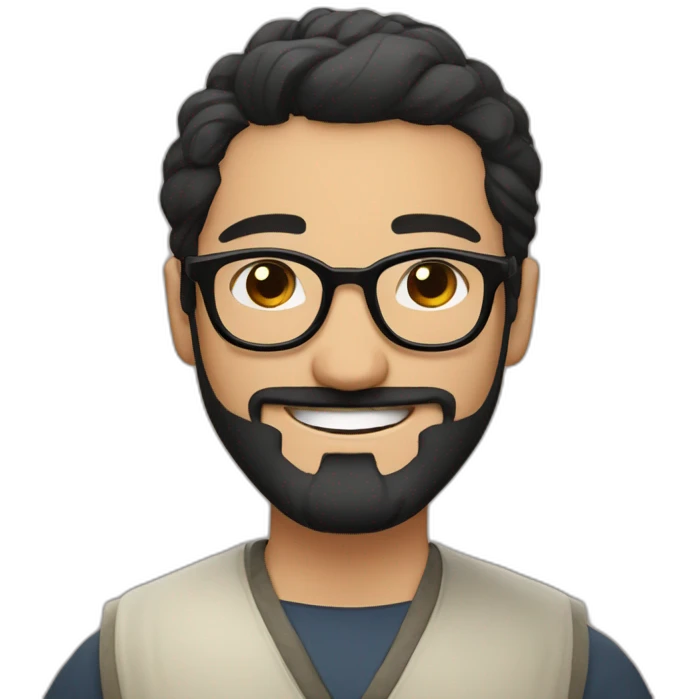 Arabic man, very short black hair, round hipster glasses, dark beard and mustache, round-ish face, brown eyes, beautiful smile, beautiful clothes inspired by japanese samurai emoji