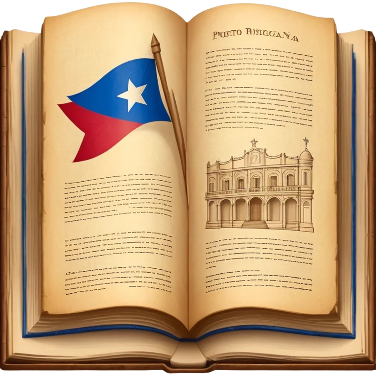 Open vintage book showing detailed stage design sketches, blueprints of theatrical sets, Puerto Rican flag elements woven into the designs, wooden borders, emanating a golden timeless glow emoji