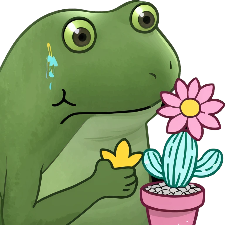 A Frog holding a blooming glitter cactus  emoji