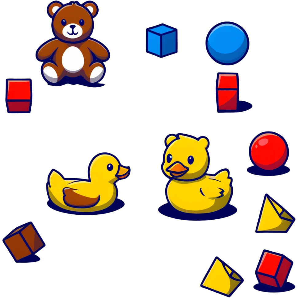 scattered children's toys on floor - teddy bear, rubber duck, blocks, ball, action figures emoji