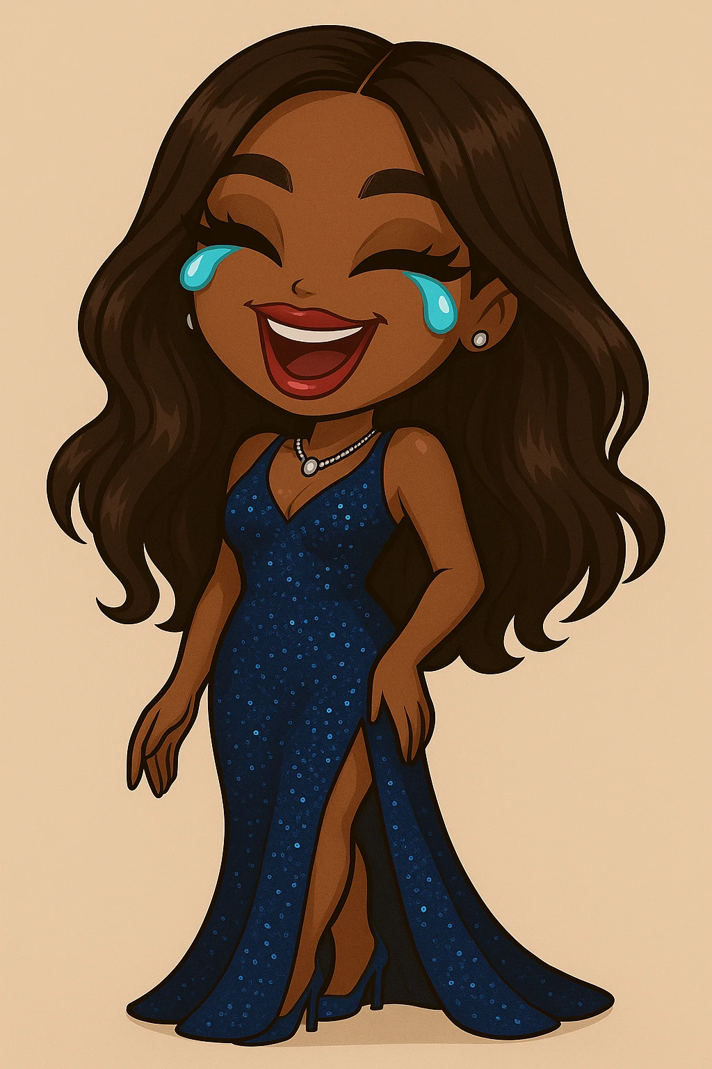 Change her outfit style to glamorous evening wear, keep her as a 20-year-old anime Bratz style woman with dark skin, dark hair, crying laughing expression, big expressive eyes, and glossy lips. emoji
