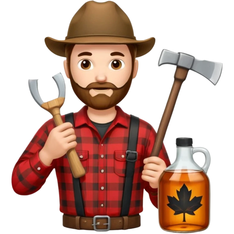 I want a Canadian lumberjack wearing a red and black plaid shirt drinking maple syrup out of the maple syrup bottle and holding a axe in the other emoji
