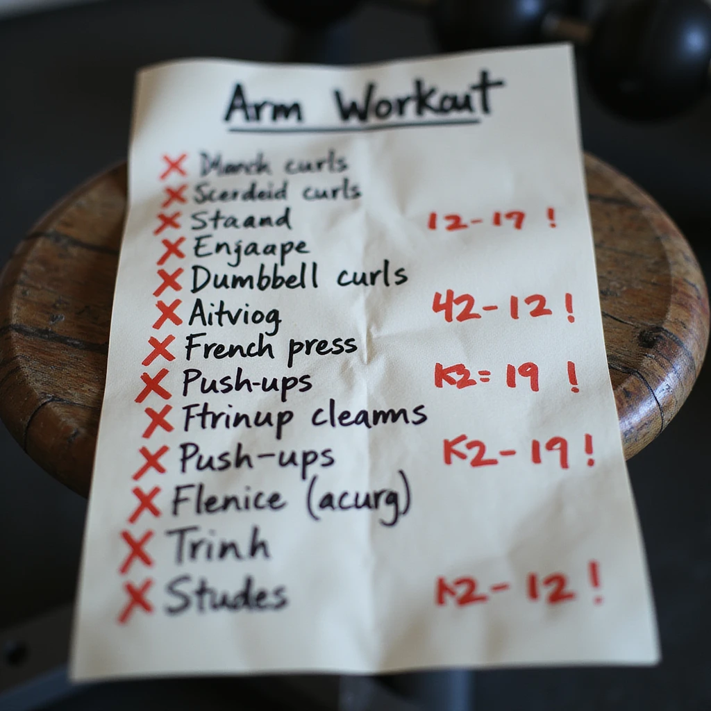 hyperrealistic handwritten arm workout sheet on paper with exercises like dumbbell curls, french press, push-ups, some exercises crossed out with large red X marks as if wrong, 4K quality, realistic lighting, sharp details, gym atmosphere emoji