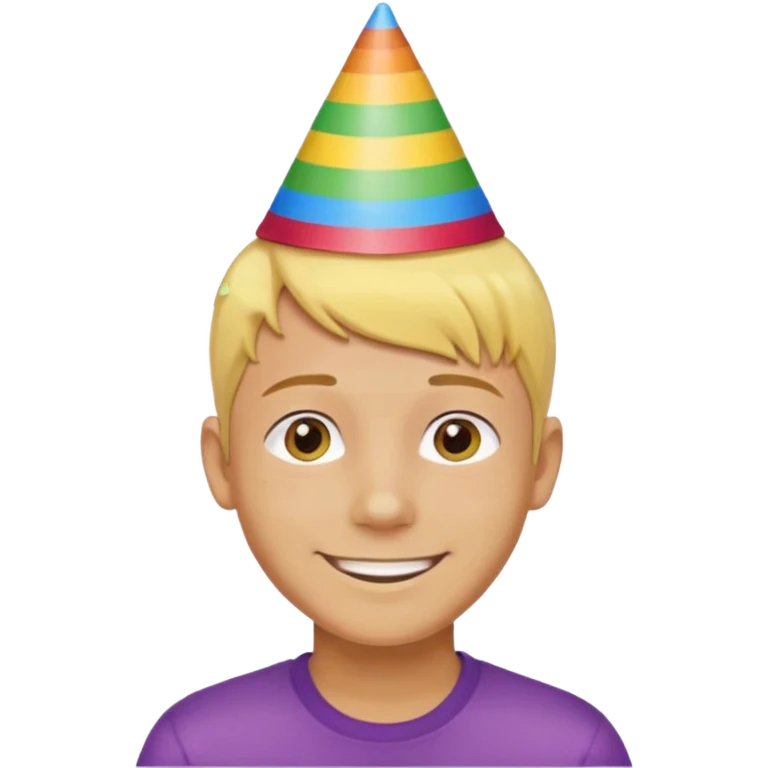 Young man, short yellow hair, rainbow birthday hat, happy emoji