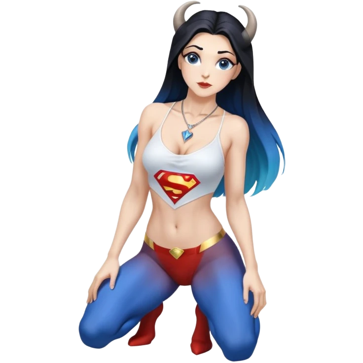 Art of a human white woman's sexy body scheme anatomy-very long straight black to blue hair ombre-small goat horns-lean back-on knees-superman necklace emoji