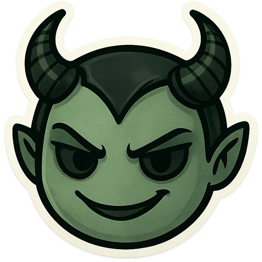 devil emoji in chibi style with gothic palette black and green, elegant horns, sinister smile emoji
