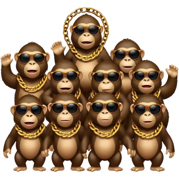 choir of apes with big golden chain on the neck wearing sunglasses singing song emoji